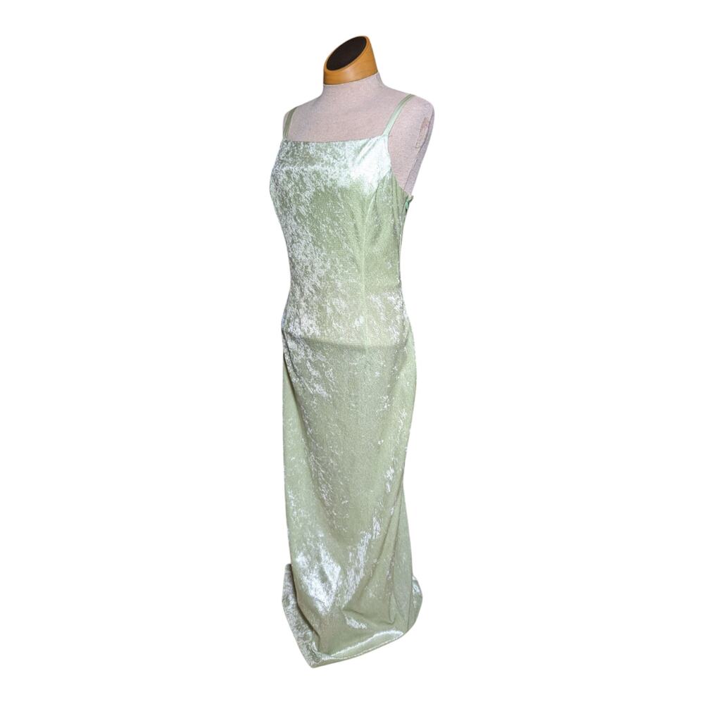 Vtg Y2K Jessica McClintock Pale Green Velvet Shimmer Lace Up Maxi Dress Sz 8